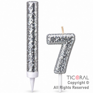 SET BENGALA Y VELA NUMERAL NUMERO 7 CON GIBRE PLATA